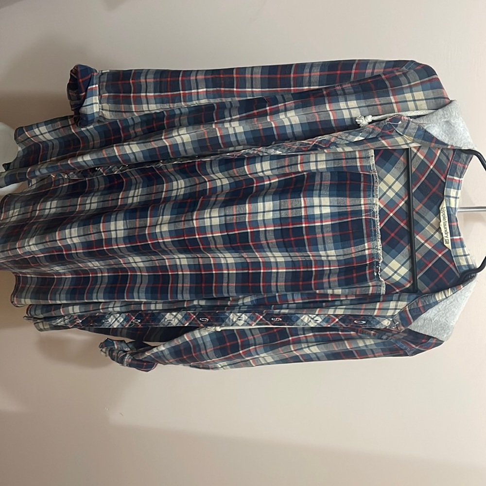 Womens long hooded plaid button up